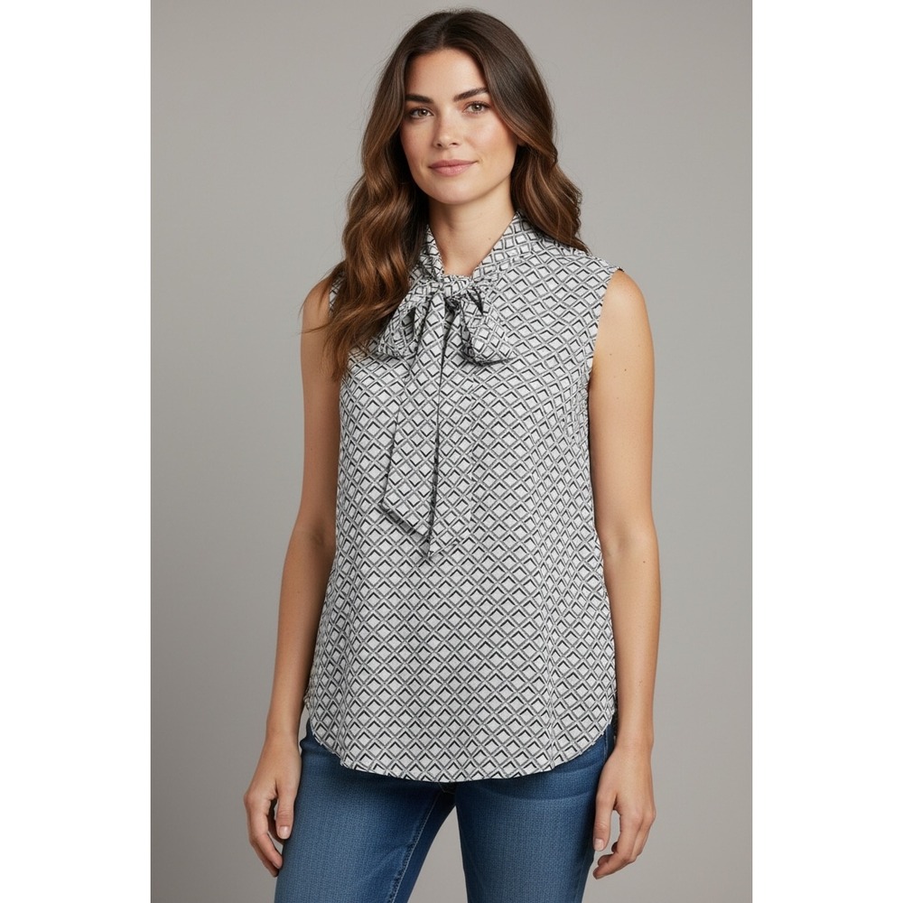 Worthington Womens Sleeveless Tie Neck Blouse Black White Geometric Diamond L